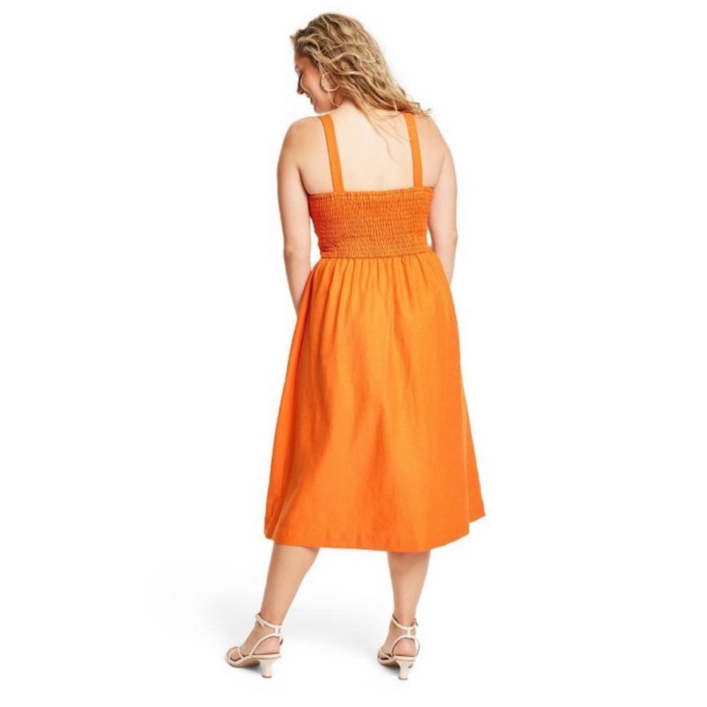 Vibrant Orange Linen Blend Cutout Midi Dress - Picture 5 of 16